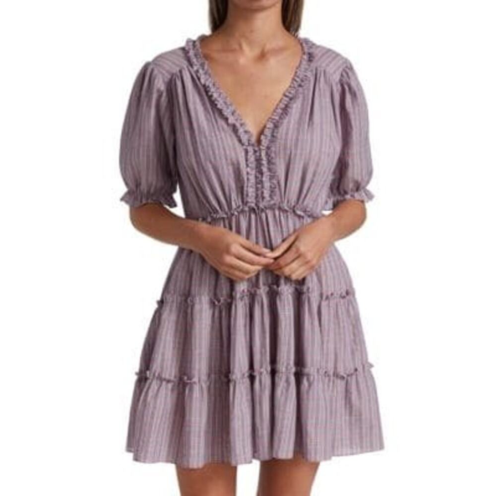 Cinq A Sept Tish Mini Dress Size 4 Purple Plaid Tiered Ruffle V Neck Puff Sleeve